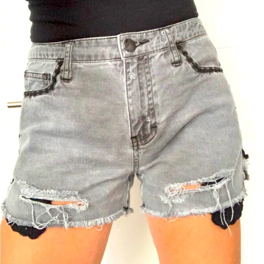 Free People Lace Distressed Denim Shorts